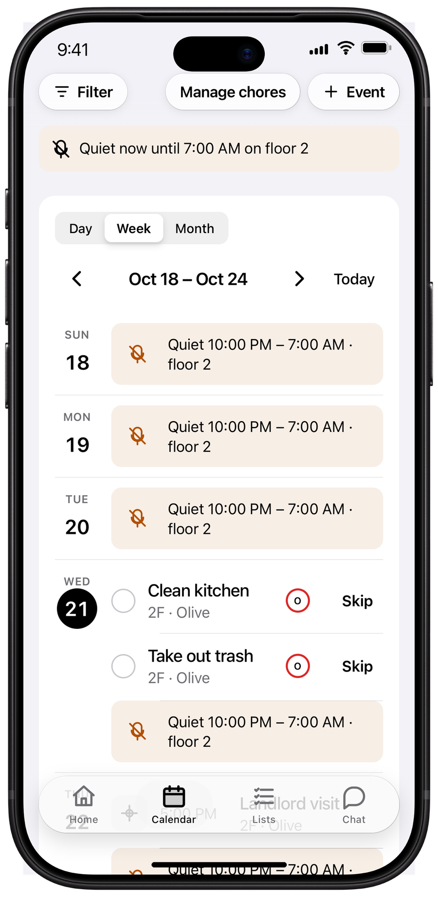 The hausync week calendar with chore turns