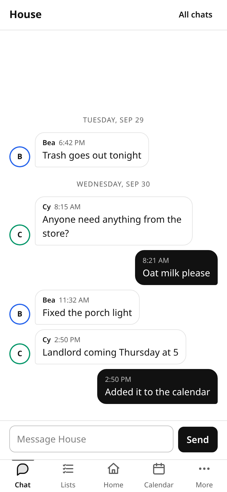 Screenshot of a hausync chat channel with messages from housemates.