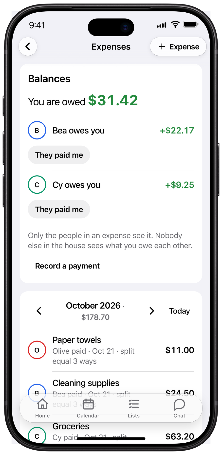 The hausync expenses page with a running balance