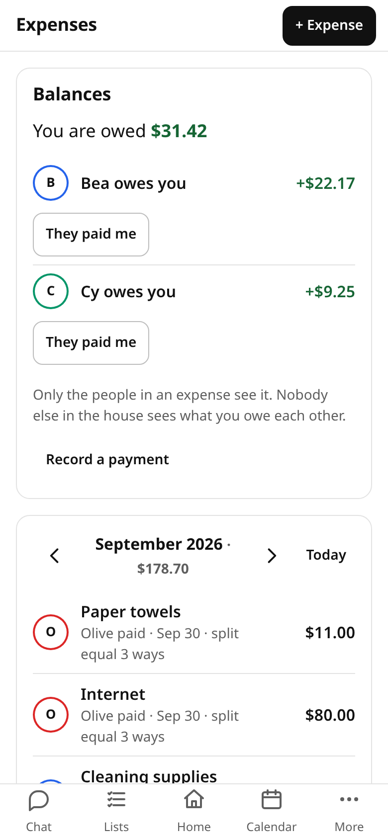 Screenshot of the hausync expenses page showing recent expenses and balances between housemates.