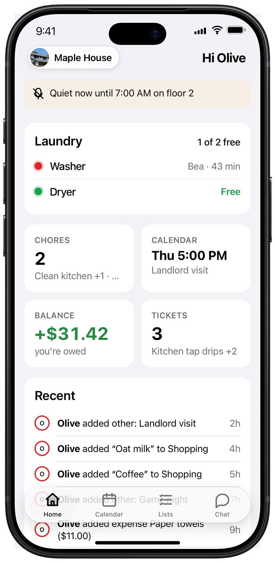 The hausync home screen with bills due and the lease deadline