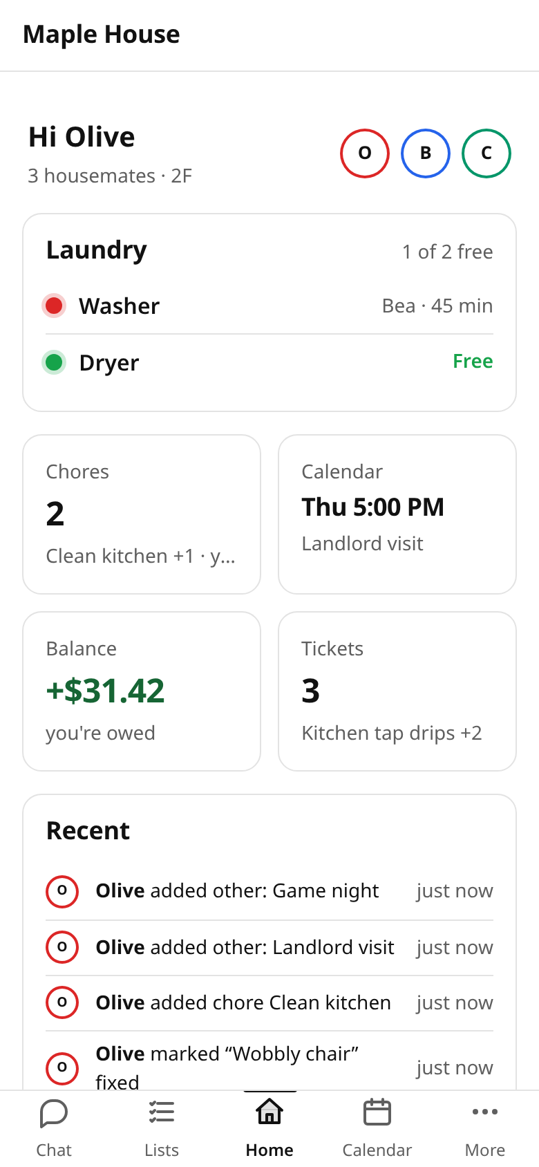 Screenshot of the hausync home dashboard on a phone, showing the laundry machines, today's chores, open tickets, and your balance.
