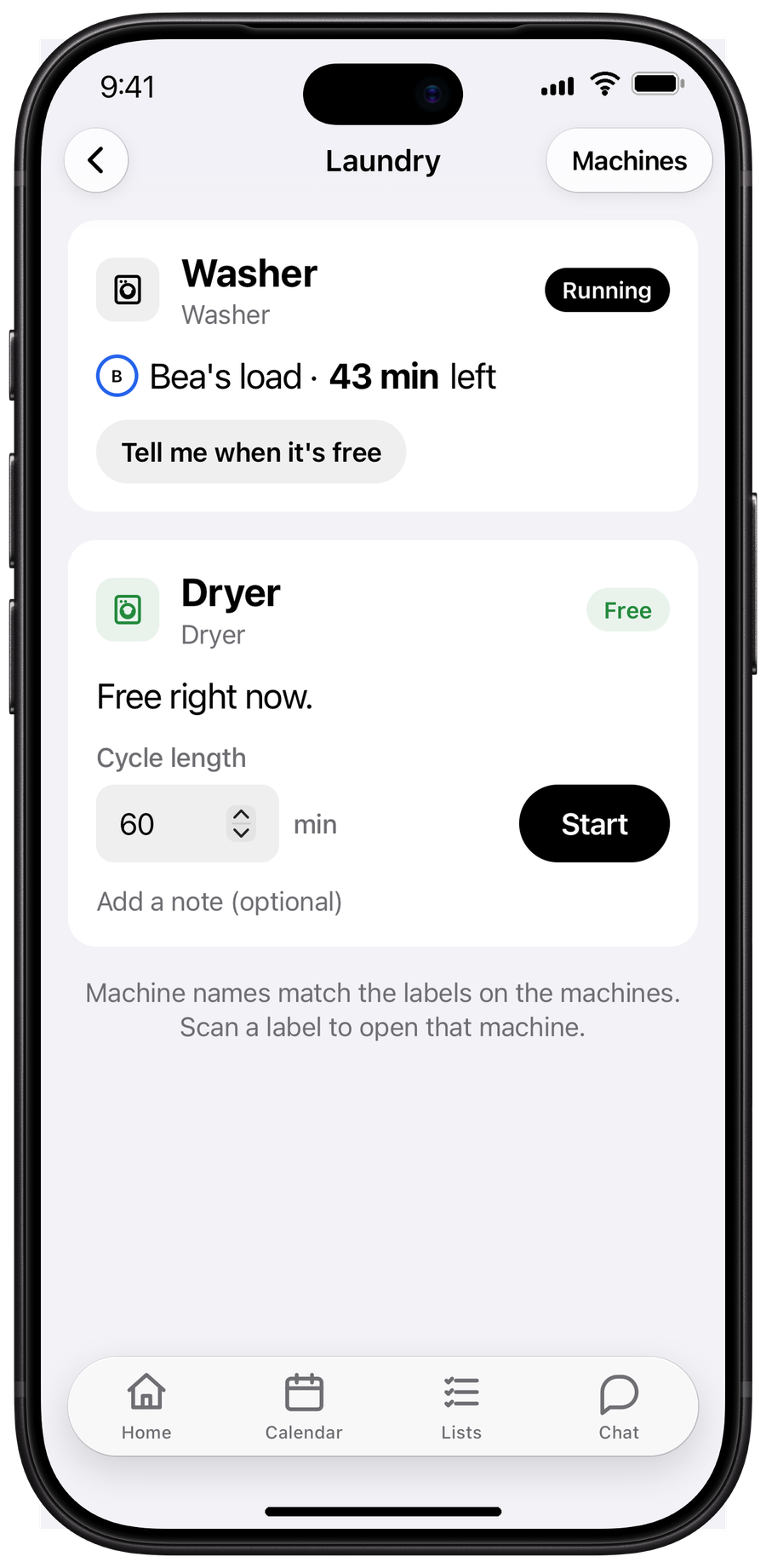 The hausync laundry page with a washer running and a free dryer