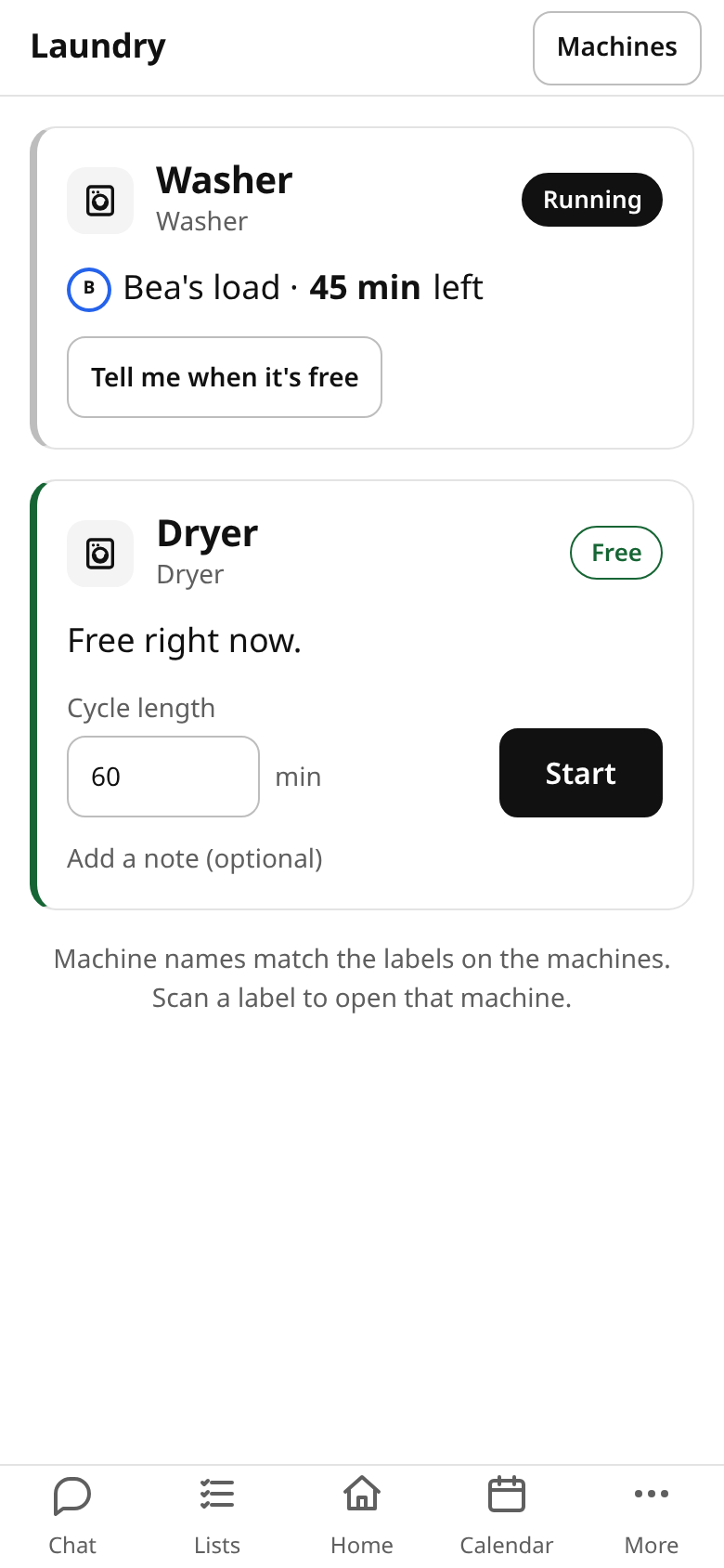 Screenshot of the hausync laundry page showing a washer in use with a countdown and a free dryer.