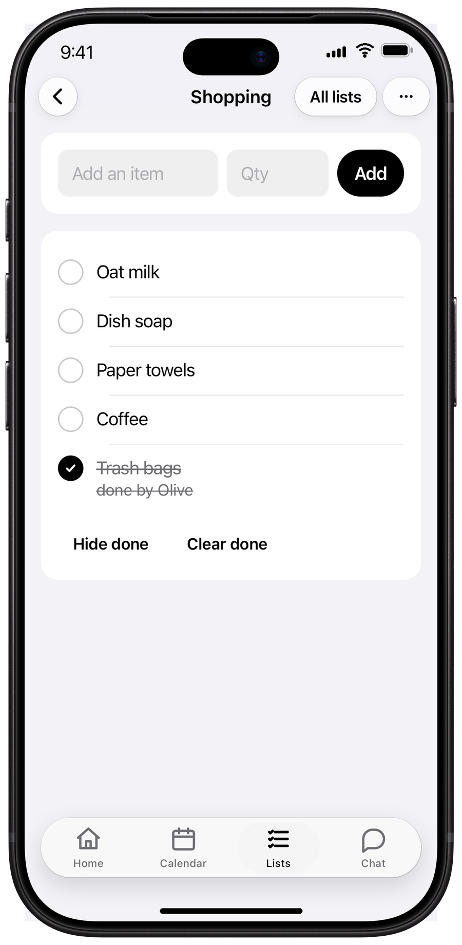 A hausync shopping list with one item ticked off
